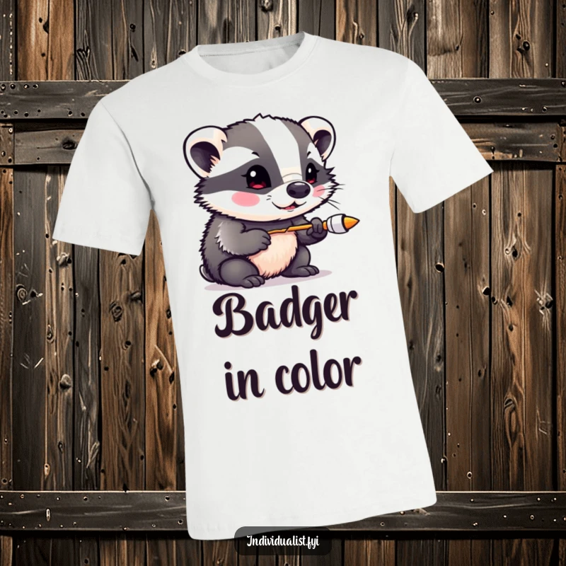 Funny badger covered in bright paint, actively experimenting with colors, printed on a comfortable graphic t-shirt, an artist's dream.