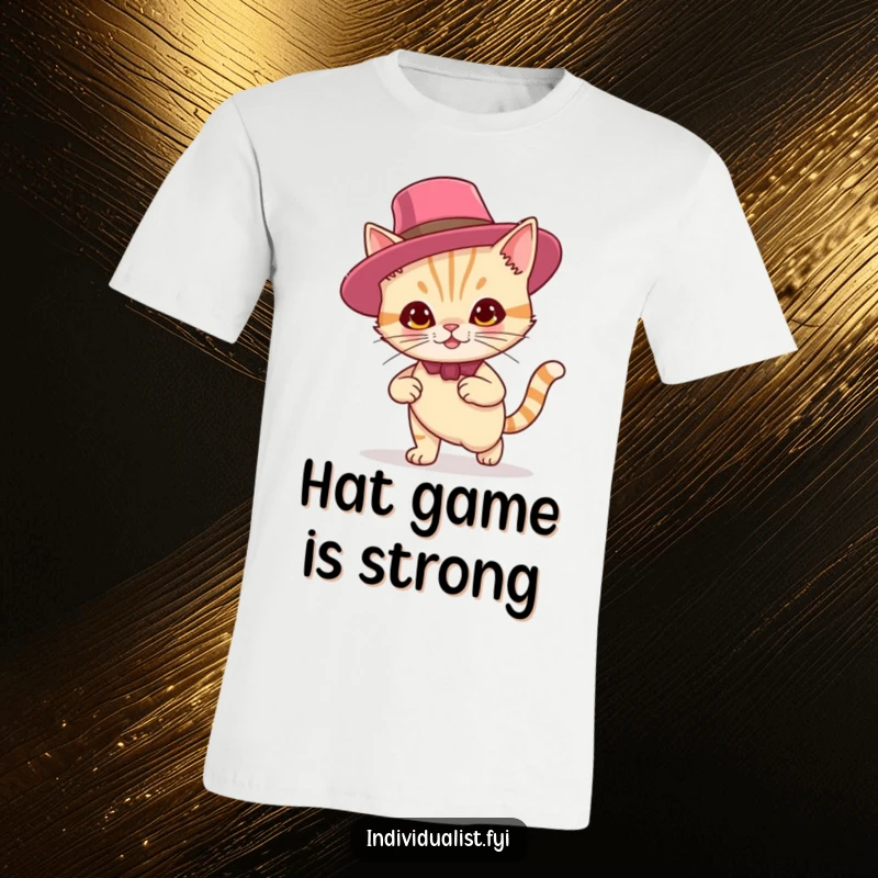 Funny t-shirt with a smirking cat wearing a flamboyant hat, exuding confidence and sass, ideal for cat enthusiasts.