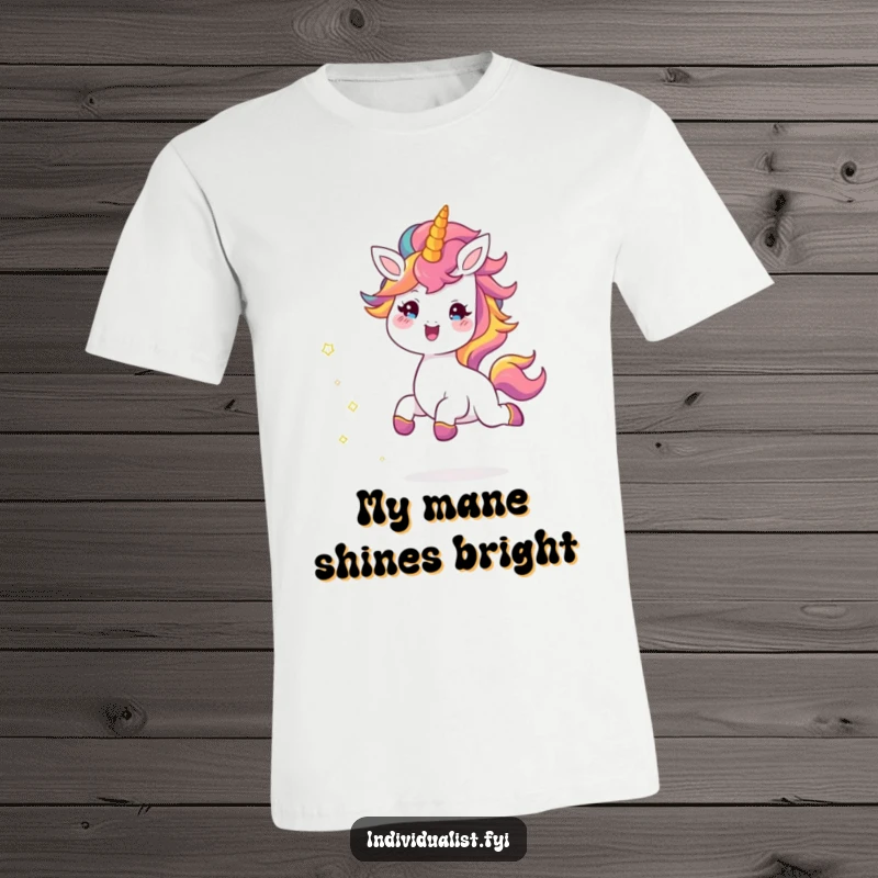 Funny t-shirt showcasing a cheerful creature with a bright mane skipping joyfully, leaving a trail of sparkles, perfect for expressing happiness.