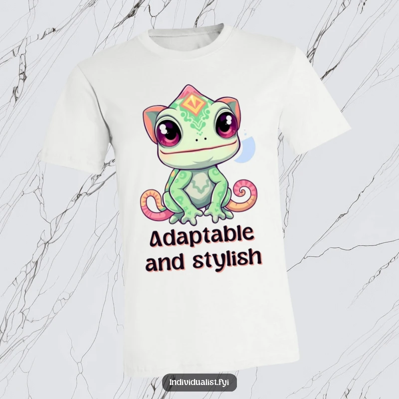 Funny chameleon t-shirt featuring a curious chameleon shifting into a wildly unexpected, incredibly vibrant pattern.
