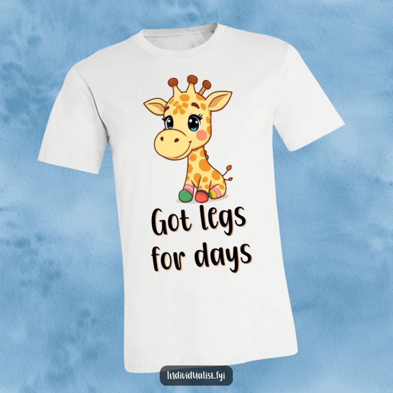 Funny Giraffe T-Shirt: A happy giraffe proudly wearing mismatched colorful socks, showcasing playful style.