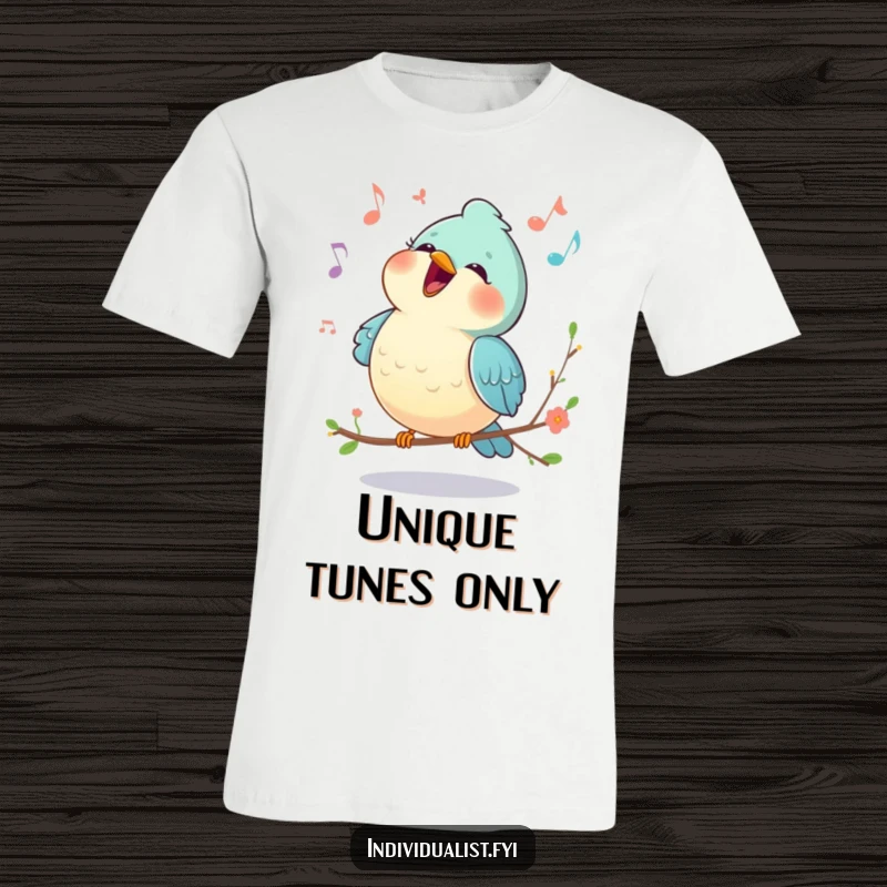 Funny t-shirt showcasing a happy bird singing a unique melody, radiating pure musical bliss and cheerful energy.