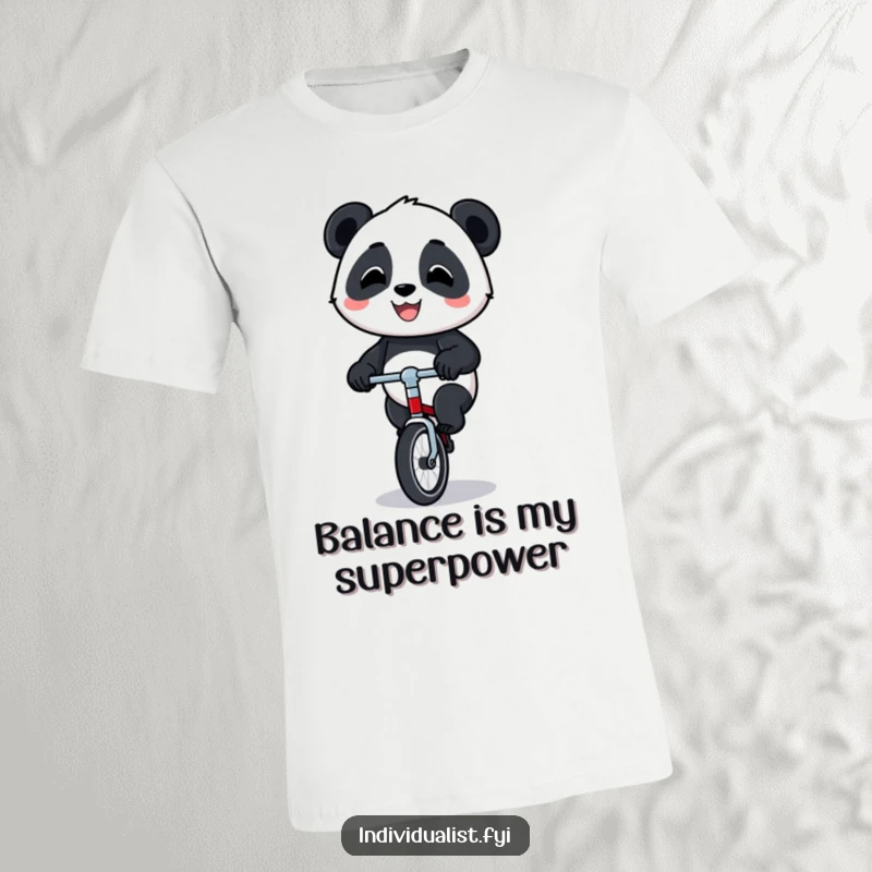 Funny panda unicycle t-shirt with a happy panda riding a small unicycle, showcasing a proud and joyful expression.