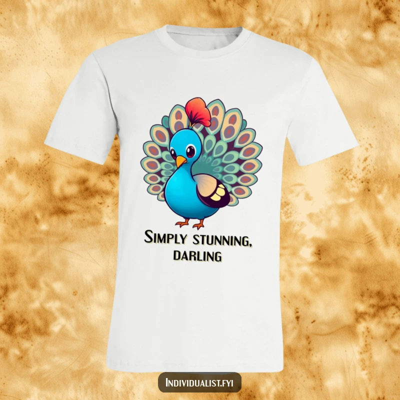 Funny T-Shirt showcasing a peacock proudly strutting and displaying a single, brightly colored feather with majestic poise.