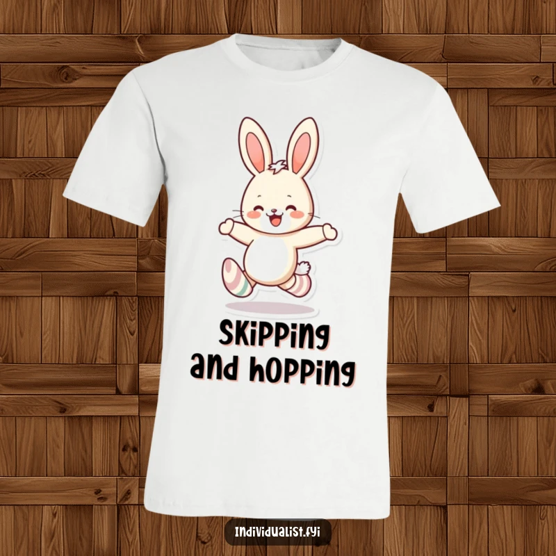 Funny rabbit mismatched socks t-shirt depicting a cheerful bunny skipping with joy, celebrating quirky fashion and enthusiastic movement.