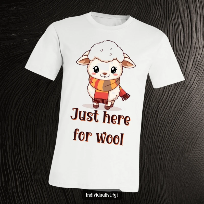Funny T-shirt with a fluffy sheep sporting a fashionable and quirky scarf, exuding whimsical style.