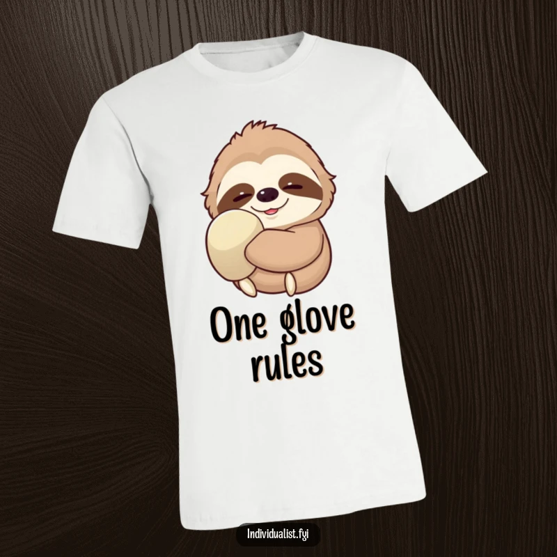Funny Sloth T-Shirt showcasing a blissfully happy sloth with a gentle smile, adorned with one comically large glove, promoting relaxation.