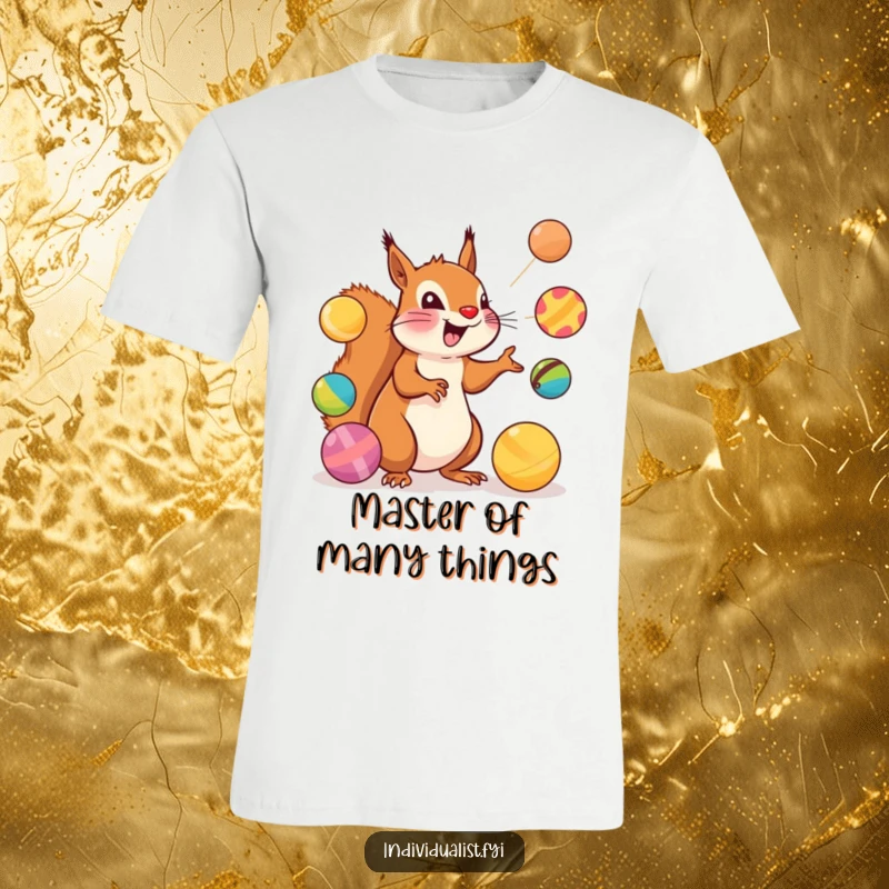 Funny Squirrel T-Shirt: An excited squirrel is depicted juggling multiple colorful and uniquely shaped balls.
