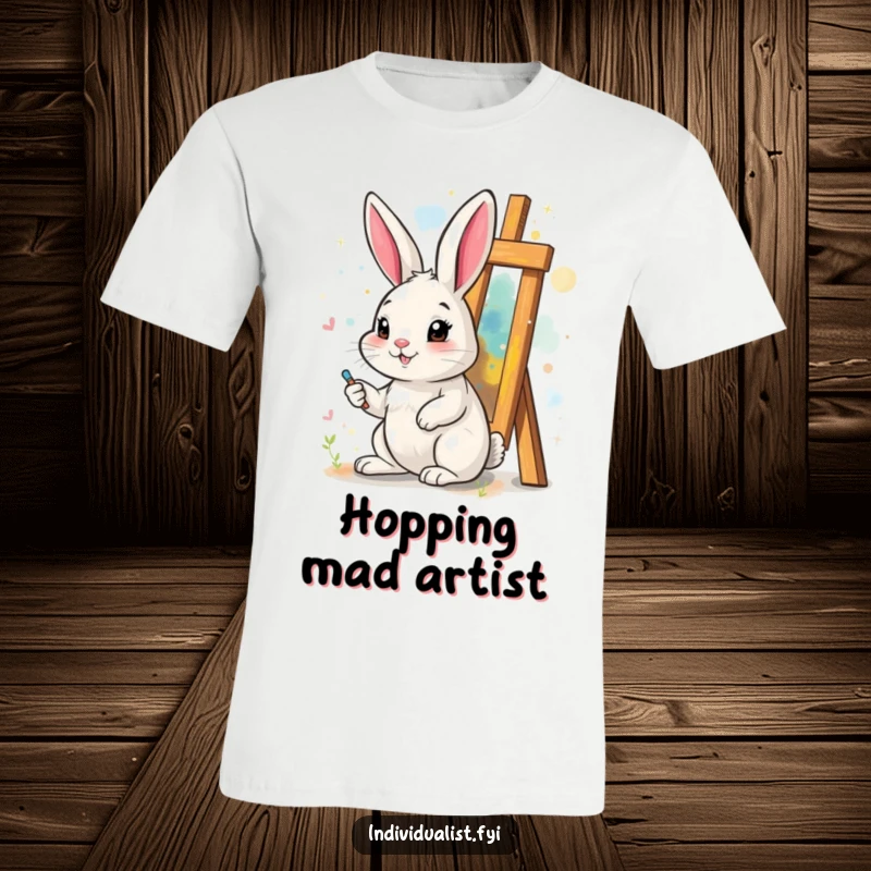 Funny T-shirt featuring a cheerful rabbit engrossed in painting a colorful, surreal, abstract artwork with artistic enthusiasm.
