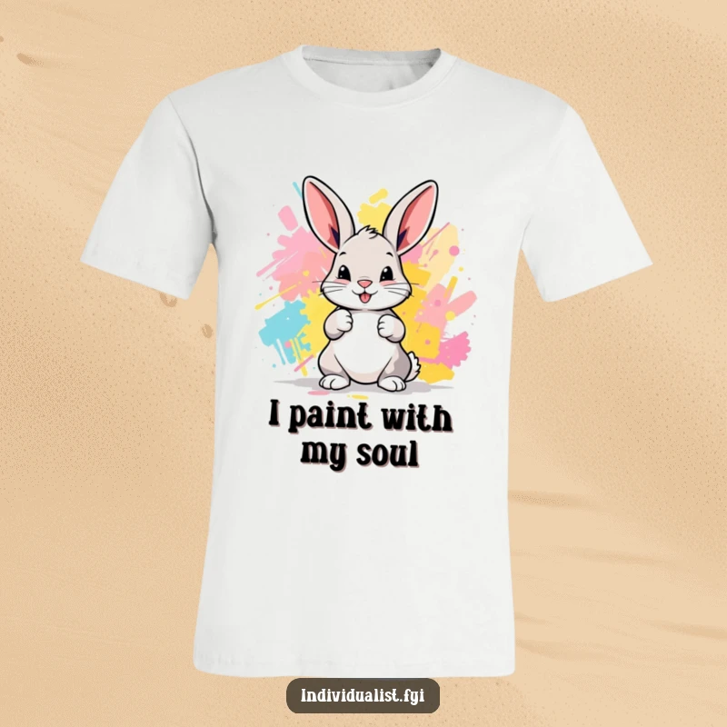 Funny Bunny T-Shirt: A playful bunny creates abstract art with colorful paw prints, embodying artistic fun.