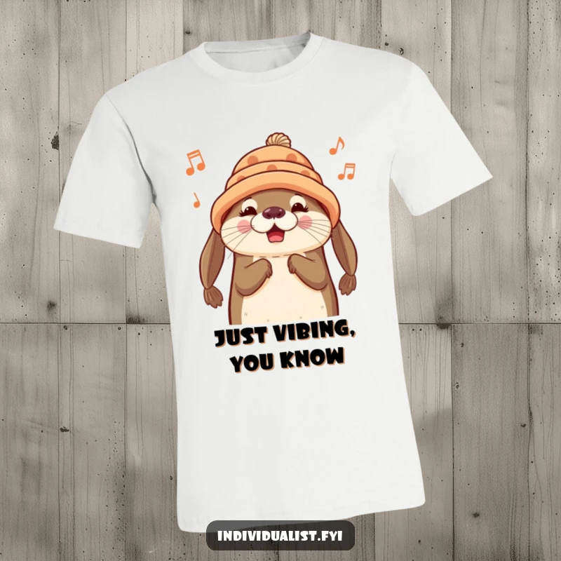 Funny Otter T-Shirt: A cheerful otter wearing a distinctive handmade hat hums a happy tune with a smile.