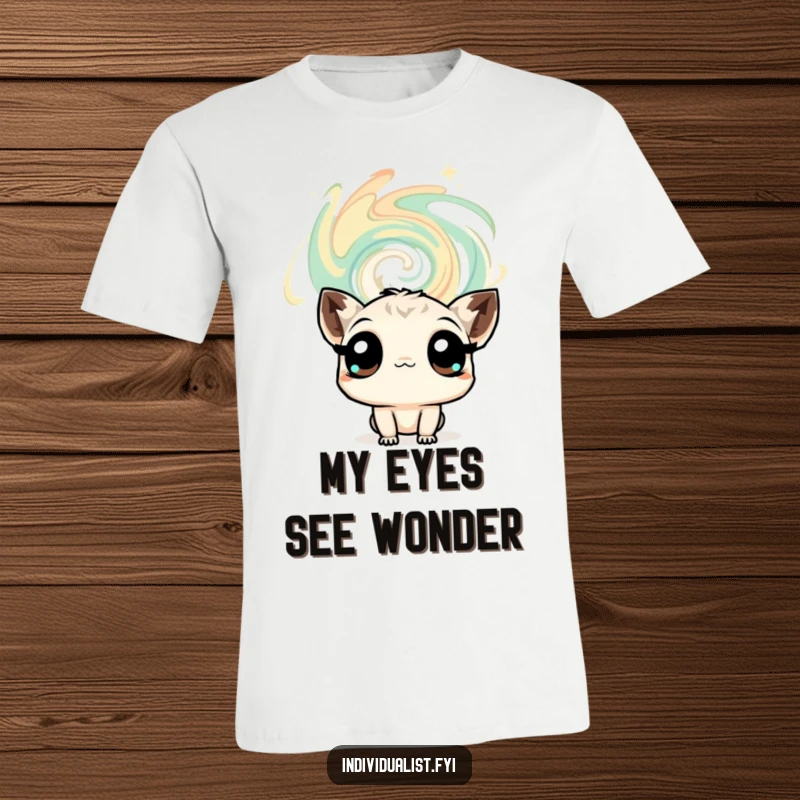 Funny t-shirt showing a curious creature with wide, expressive eyes looking at a mesmerizing, swirling abstract pattern with total wonder.