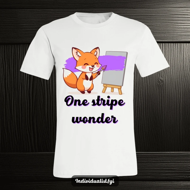 Funny t-shirt depicting a joyful fox painting a bright purple stripe on a grey canvas, ideal for art enthusiasts.