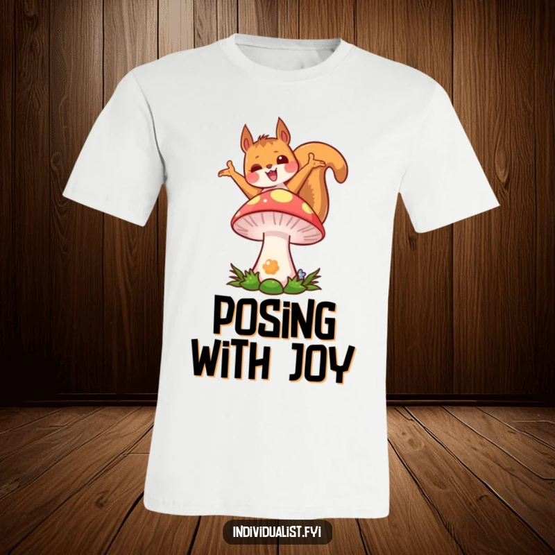 Funny kawaii squirrel t-shirt, showing a cute squirrel in a unique, joyful pose on a bright, colorful mushroom.