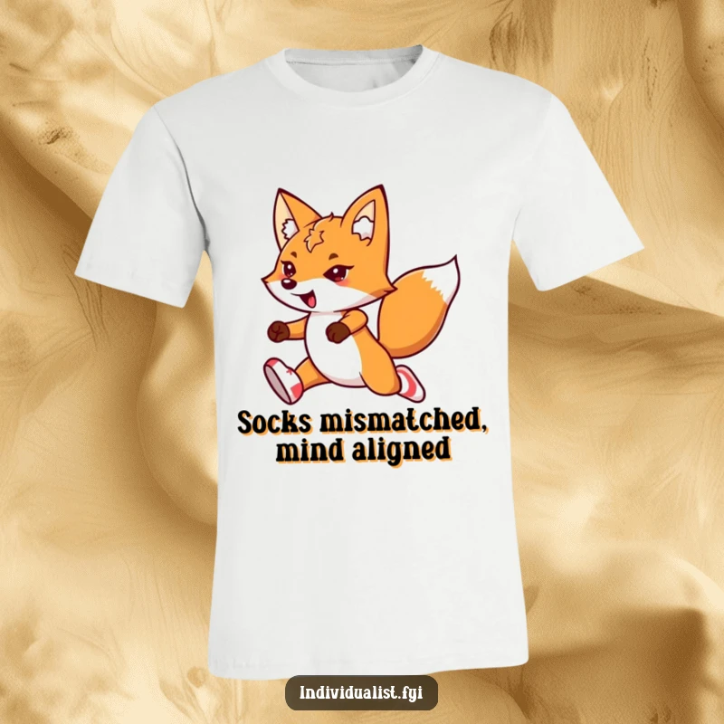 Funny kawaii fox t-shirt, featuring a determined fox in mismatched socks, leaping with exceptional flair and enthusiasm.