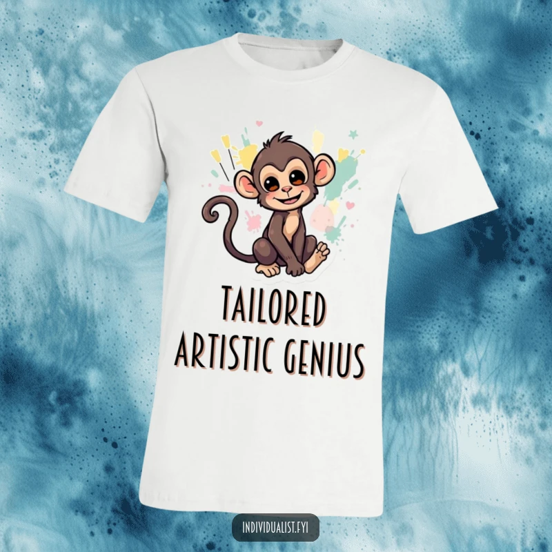 Funny t-shirt featuring a cheeky monkey creating abstract art with its tail, representing unconventional creativity.