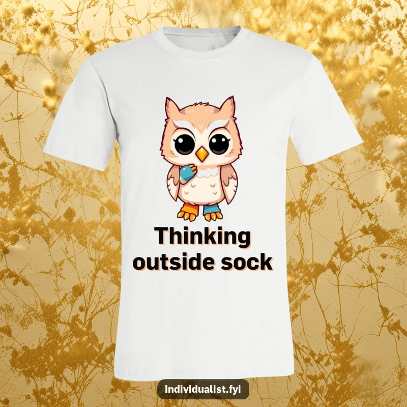 Funny T-shirt featuring a unique owl with a thoughtful expression and one mismatched sock, embodying quirky contemplation.