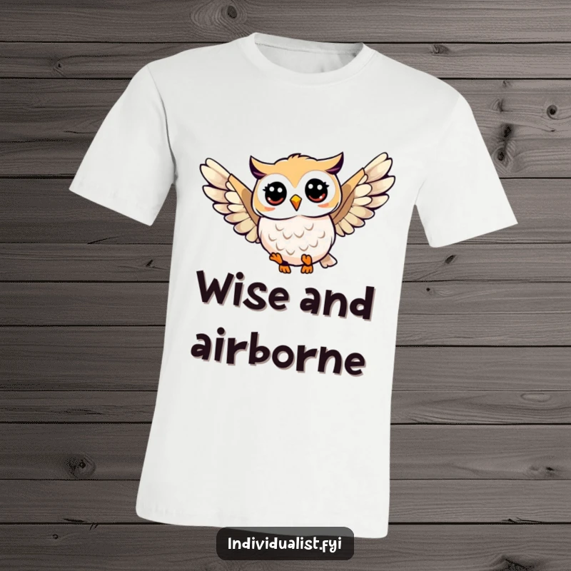 Funny owl soaring t-shirt depicting a happy owl with a unique, patterned wing design, celebrating individuality and the joy of flight.