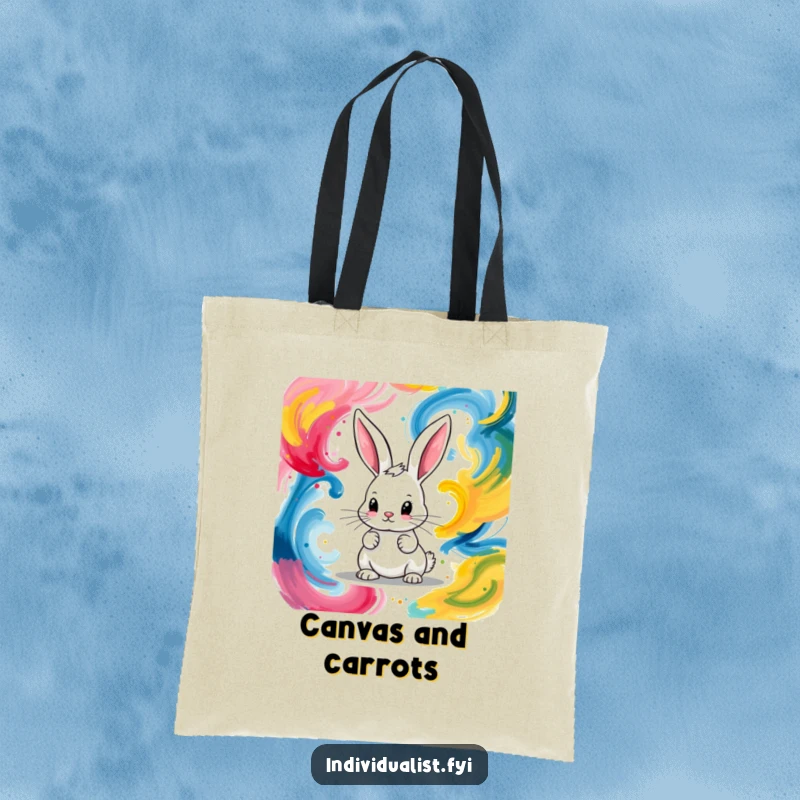 Funny tote bag featuring a dedicated bunny painting energetic abstract swirls of color, a true artist at heart.