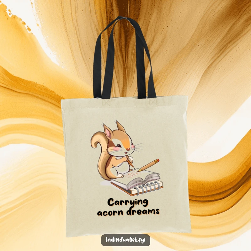 Funny tote bag showcasing a content squirrel artist sketching a unique design in a tiny notebook, ideal for carrying art supplies.