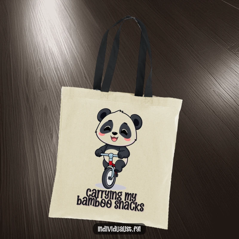 Funny panda unicycle tote bag showing a happy panda riding a small unicycle with a proud grin, perfect for carrying items.