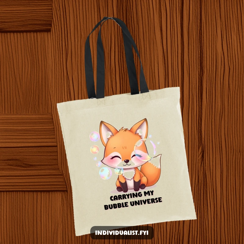 Funny whimsical fox blowing iridescent bubbles, reusable tote bag, magical art print, eco-friendly accessory, unique and funny gift.