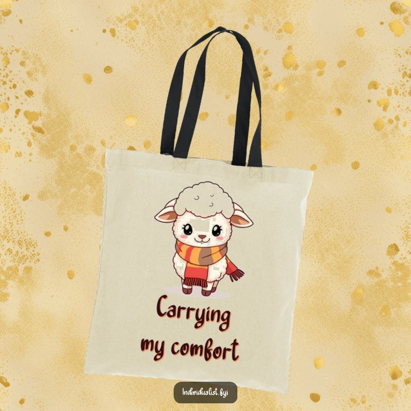 Funny tote bag with a fluffy sheep wearing a stylish, quirky scarf, ideal for carrying daily essentials.