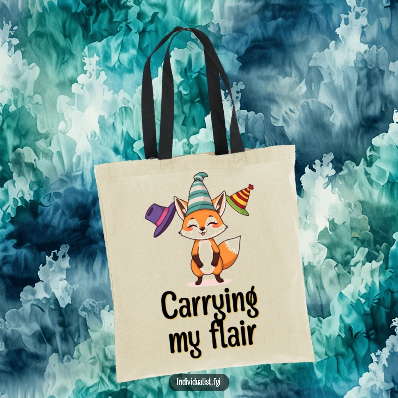 Funny tote bag showcasing a spirited fox juggling three different colored, eccentric hats, perfect for carrying essentials with flair.