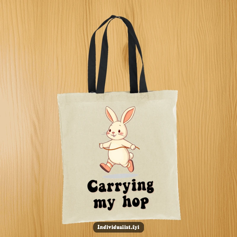 Funny tote bag depicting a happy rabbit skipping rope solo while wearing mismatched socks, practical and charming.