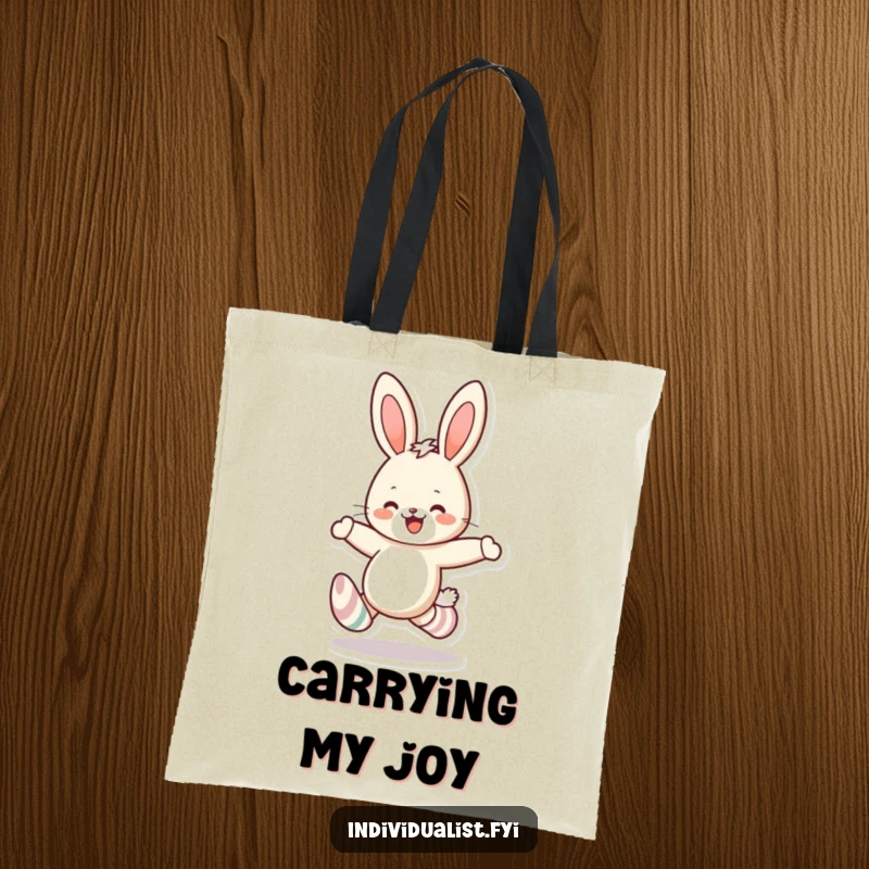 Funny rabbit mismatched socks tote bag showing a cheerful bunny skipping, perfect for carrying items with quirky charm and humor.