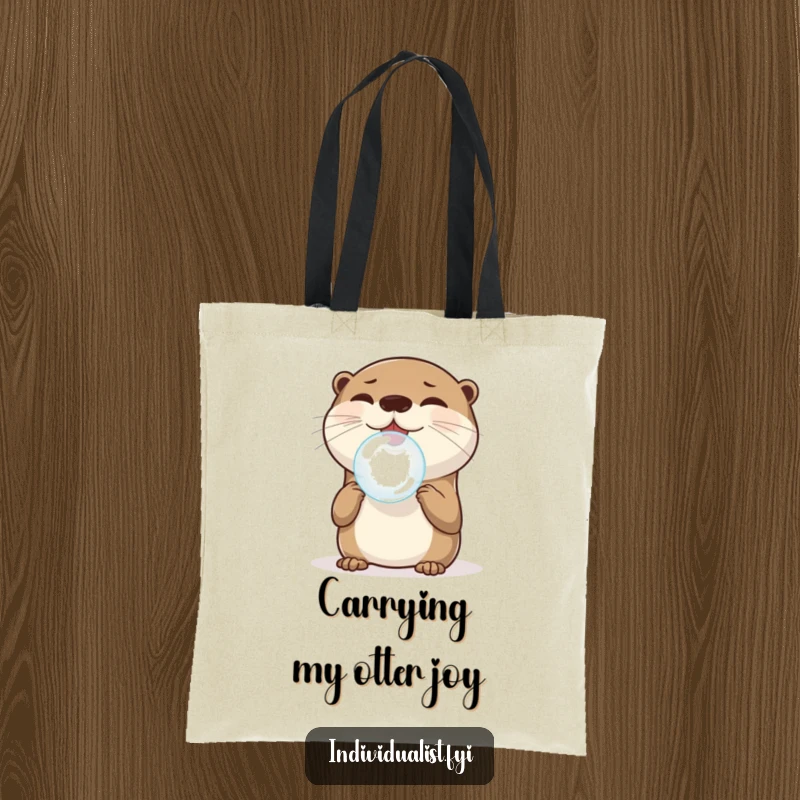 Funny Otter Tote Bag: A joyful otter balances a single, perfectly round bubble on its nose, perfect for carrying items with a funny, bubbly twist.