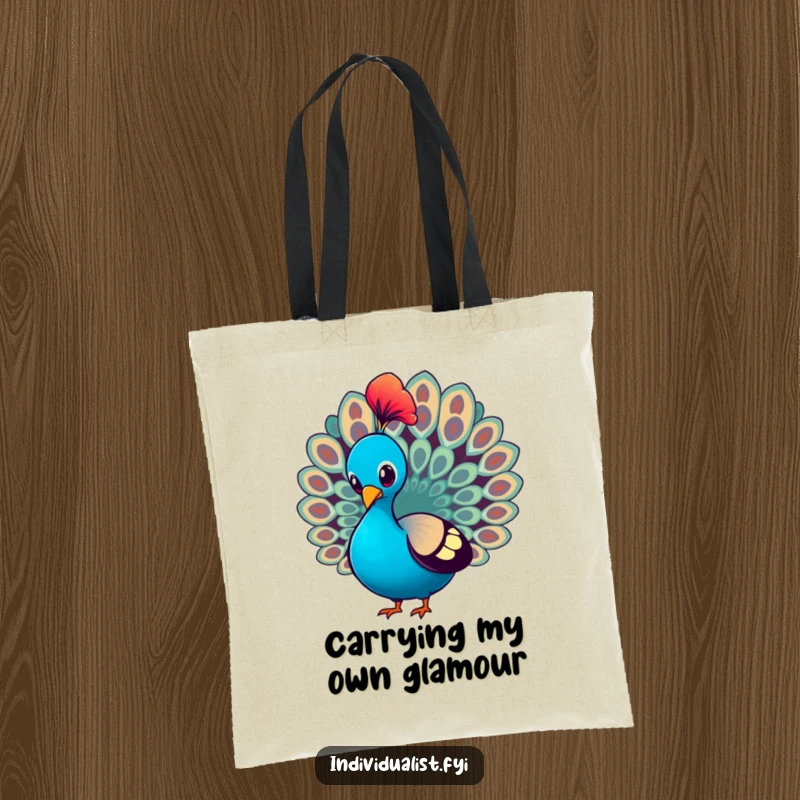 Funny Tote Bag showing a peacock proudly strutting and showcasing a single, brightly colored feather, making errands chic.