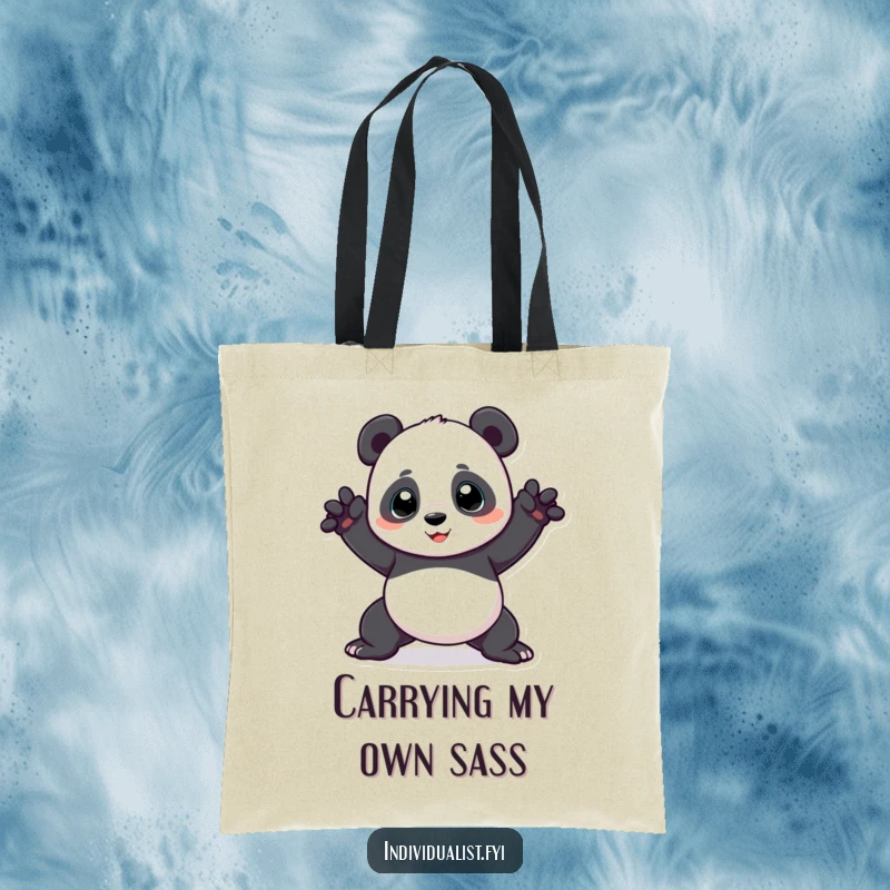 Funny panda tote bag showcasing an amusingly awkward yoga pose, ideal for carrying goods with a dose of humor and personality.