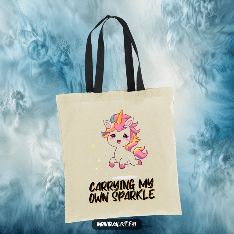Funny tote bag illustrating a cheerful creature skipping with its colorful mane, trailing sparkles, a vibrant and humorous accessory for daily use.
