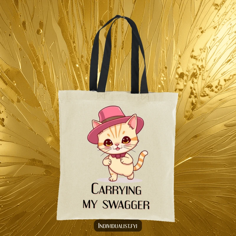 Funny tote bag featuring a smirking cat in a flamboyant hat, exuding confidence, perfect for carrying items with style.