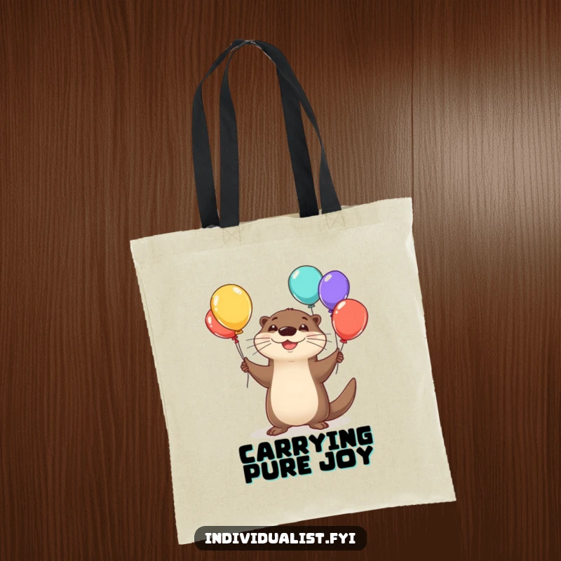 Funny otter tote bag showing a happy otter juggling odd-shaped, colorful balloons with a big smile.