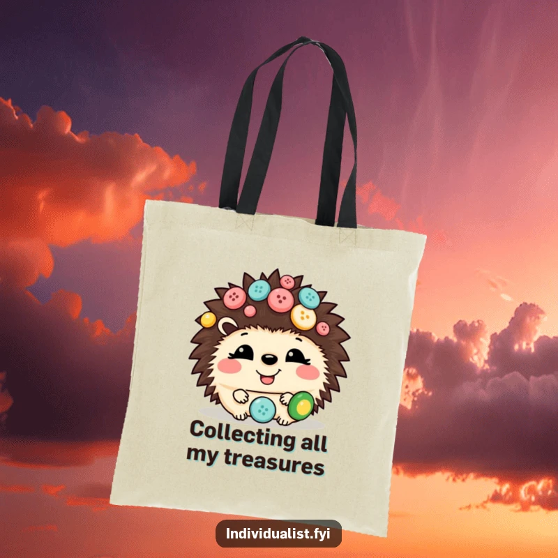 Funny hedgehog tote bag with a giggling hedgehog adorned with various colorful buttons, perfect for carrying items with a smile.
