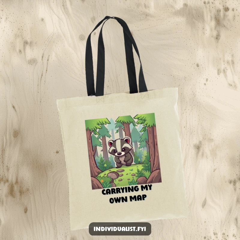 Funny Tote Bag: A determined badger navigates a dense forest, representing the spirit of adventure and forging one's own path.
