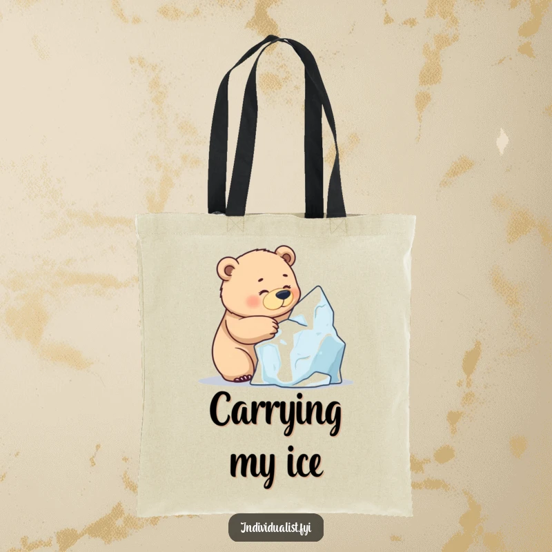 Funny Bear Ice Sculpting Tote Bag, a determined bear concentrating on sculpting a unique ice formation with focused intent.