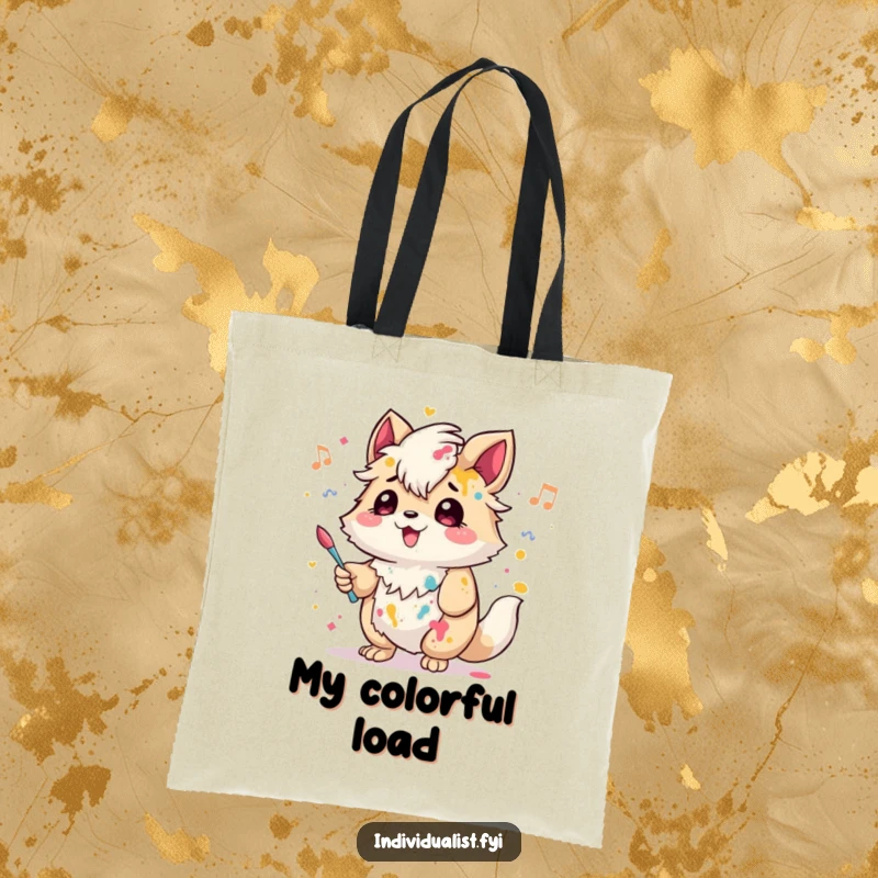 Funny Tote Bag: A creative creature with a paint splash on its fur hums a happy tune, perfect for art lovers.