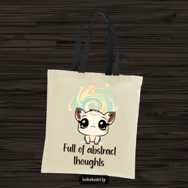 Funny tote bag designed with a curious creature's expressive eyes observing a swirling abstract pattern, a stylish and humorous accessory.