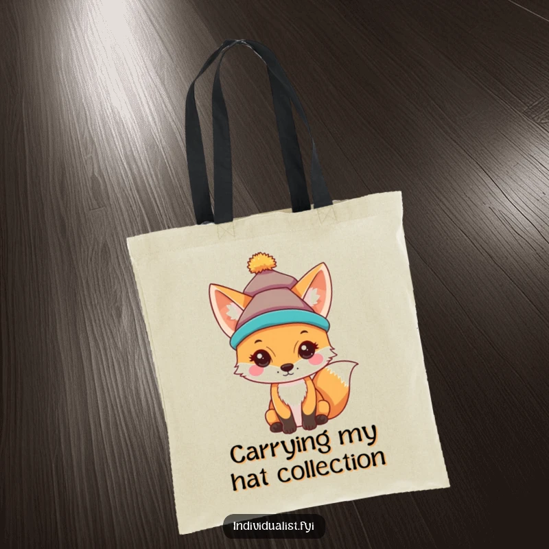 Funny tote bag with a curious fox wearing a brightly colored, unique hat, ideal for carrying daily items.