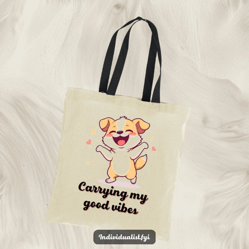 Funny Tote Bag: A dog dances with infectious glee, its giggles radiating pure joy and a love for life's simple pleasures.