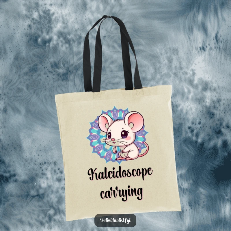 Funny Kawaii mouse peeking into a detailed kaleidoscope with swirling unique patterns, a stylish and curious tote bag.