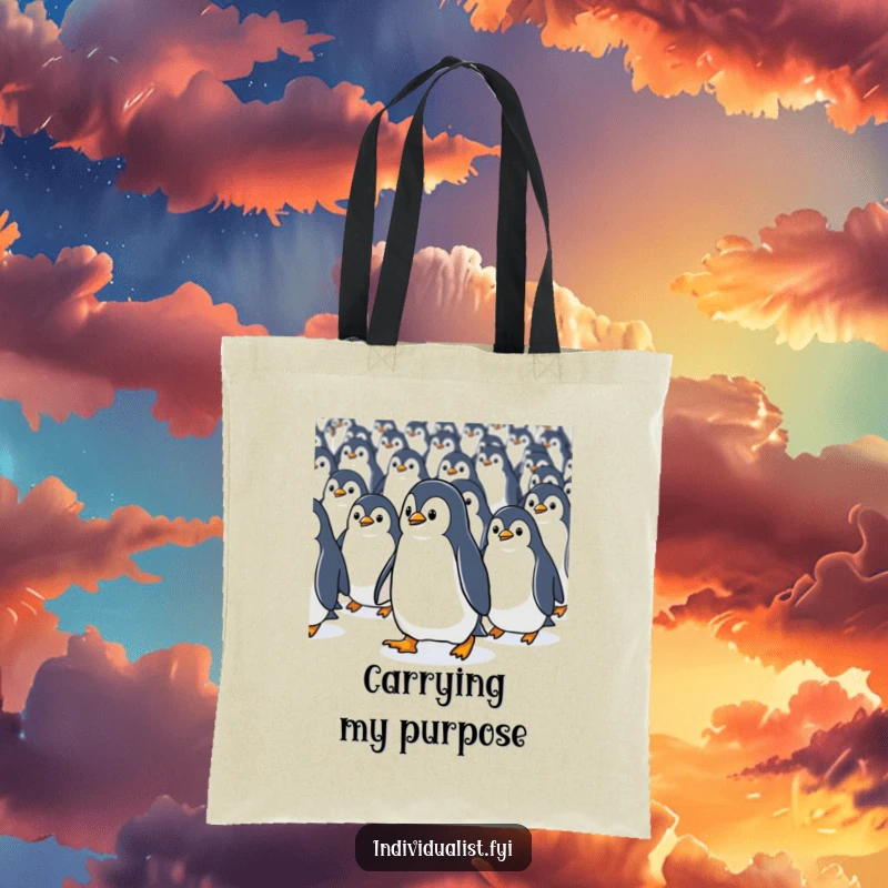 Funny Kawaii penguin purposefully walking against a uniform stream of penguins on a stylish tote bag.
