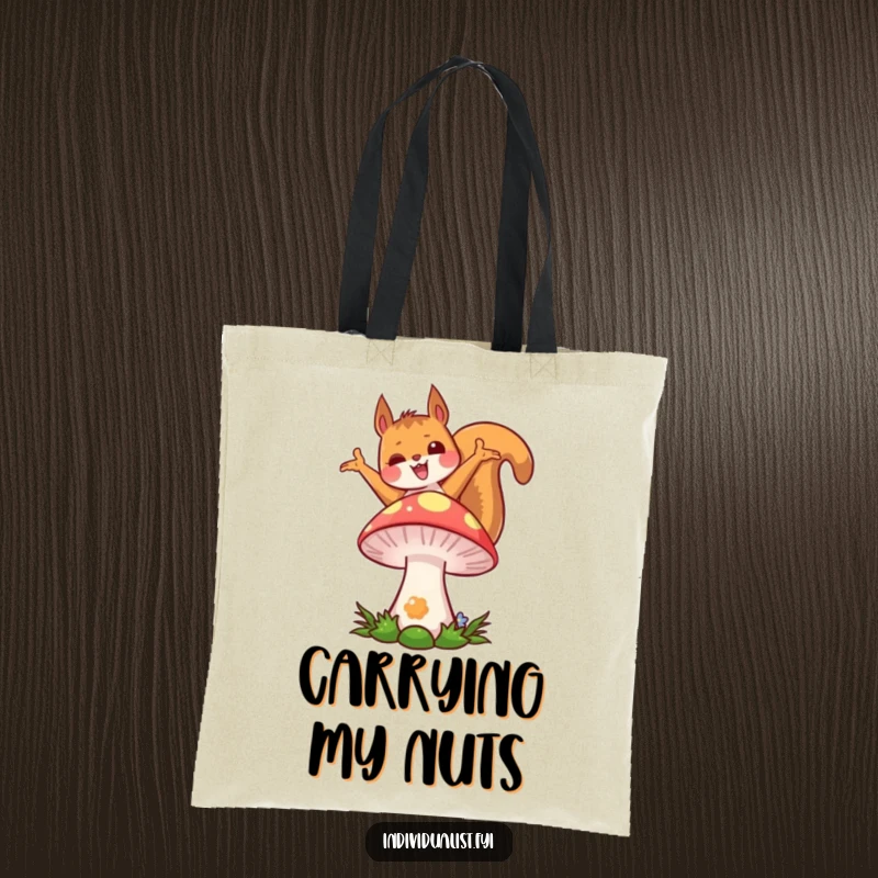 Funny kawaii squirrel tote bag, featuring a cute squirrel in a joyful pose on a very colorful mushroom.