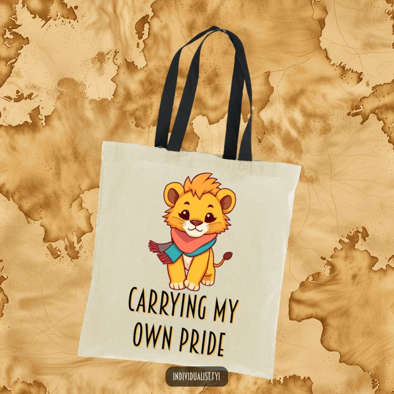 Funny Lion Cub Tote Bag: Determined cub in a colorful scarf, ready for errands with a confident stride.