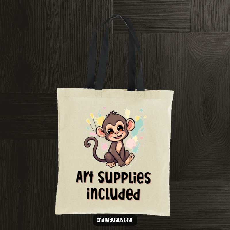 Funny tote bag with a mischievous monkey painting abstract patterns with its tail, adding a touch of jungle art.