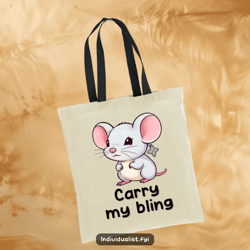 Funny Mouse Tote Bag illustrating a miniature creature proudly displaying one huge, sparkling earring, perfect for stylish grocery runs.