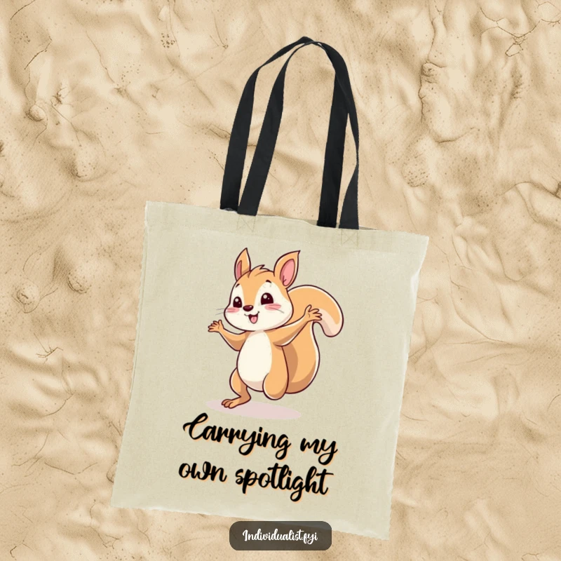 Funny squirrel tote bag with a whimsical character dancing solo in a spotlight. A practical and humorous accessory for carrying daily items.
